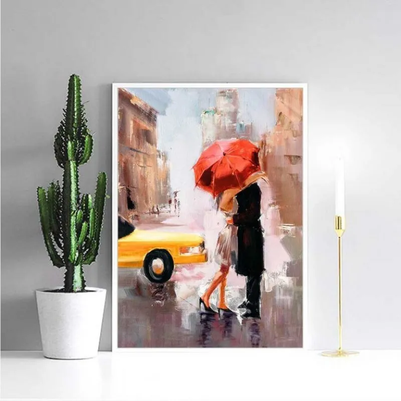 Tranh phong cảnh trừu tượng thành phố dưới mưa