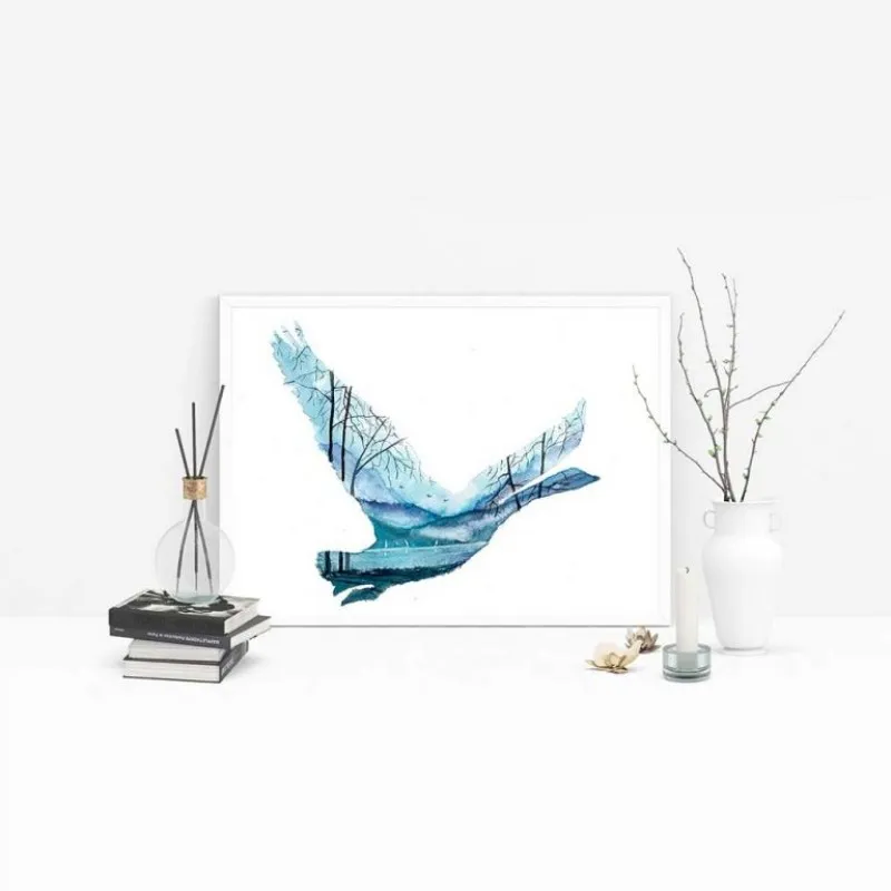 Tranh canvas động vật vịt trời, tuần lộc và cá trừu tượng