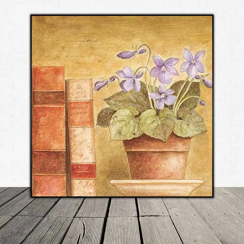 Tranh tĩnh vật bình hoa đặt trên kệ bên cạnh những cuốn sách