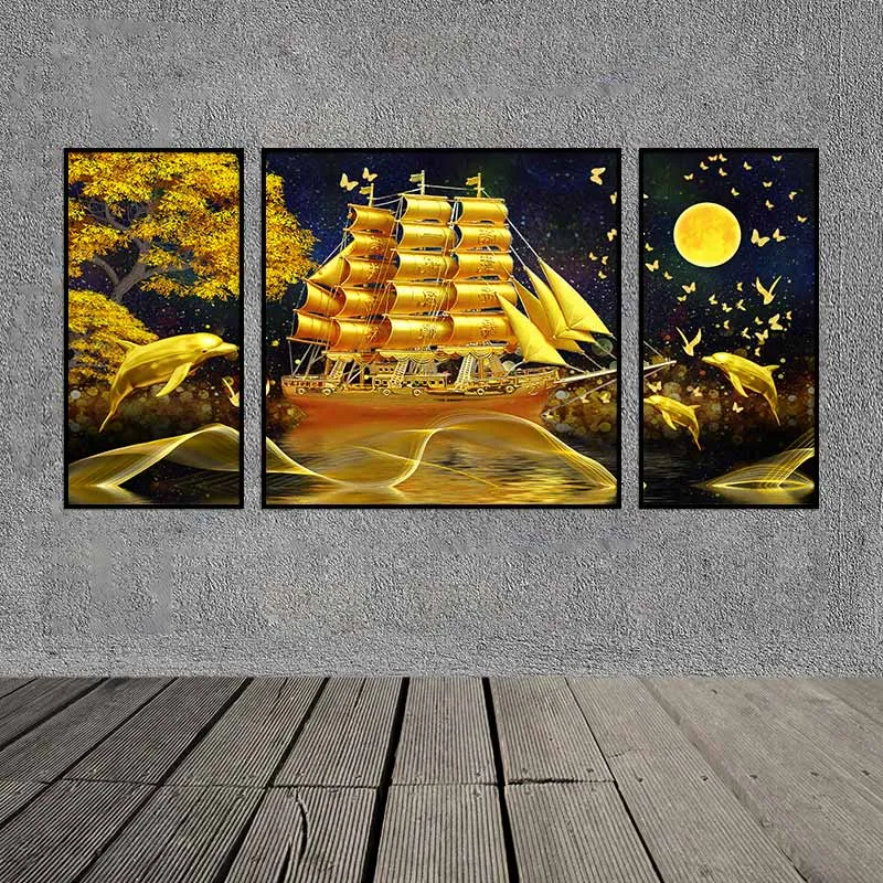 Tranh thuận buồm xuôi gió, thuyền buồm và đàn cá heo vàng