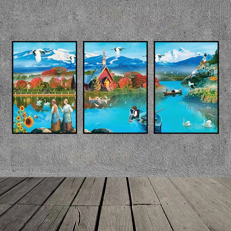 Tranh phong cảnh hồ nước, đàn sếu, chim hạc, thiên nga