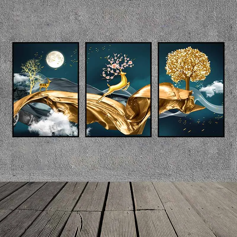 Tranh trừu tượng hiện đại đàn nai và cây lá vàng