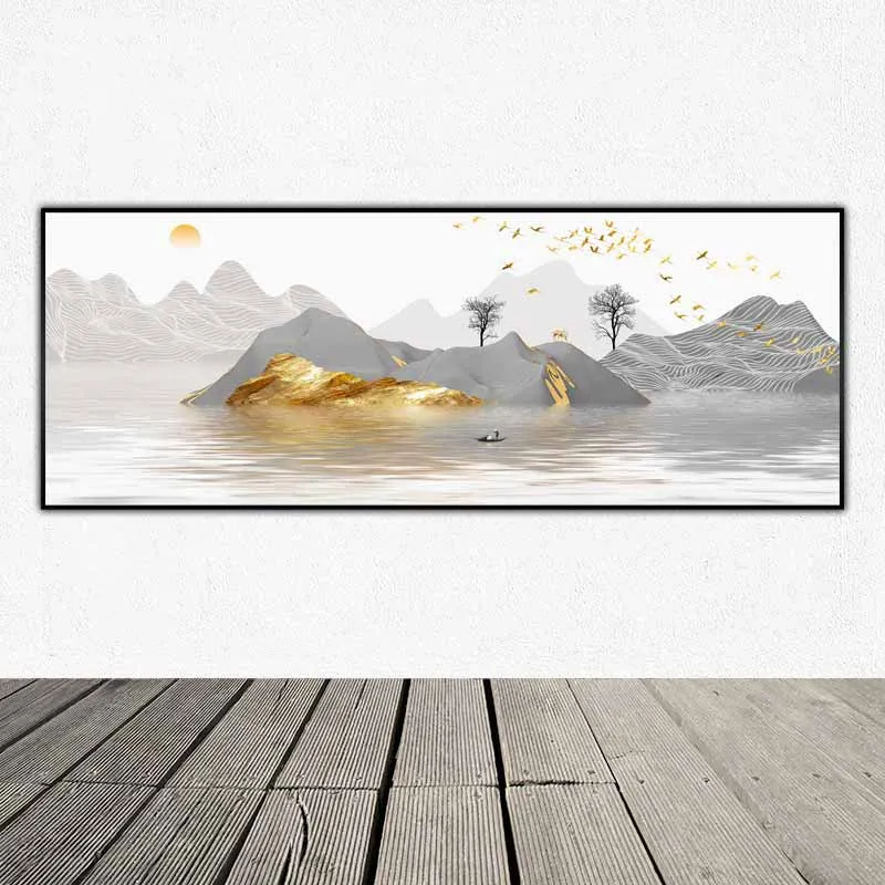Tranh phong cảnh con thuyền trên dòng sông và đồi núi vàng  hiện đại