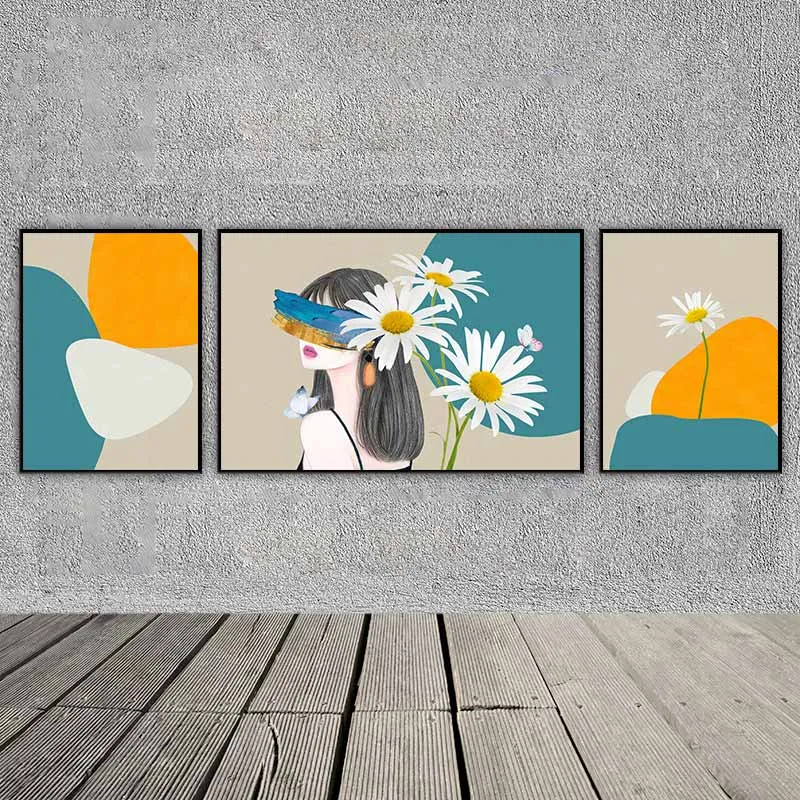 Tranh cô gái trừu tượng và hoa tiểu cúc trắng