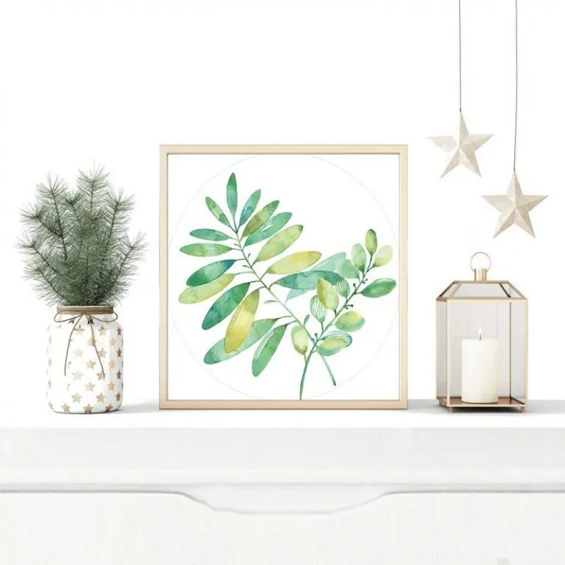 Tranh canvas lá cây màu nước khung vuông