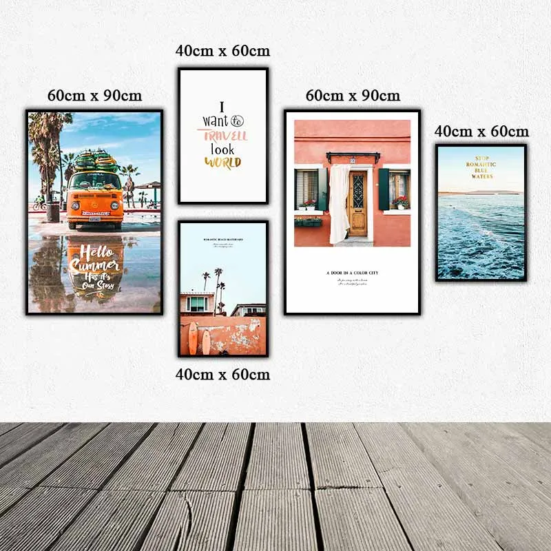 Tranh Bắc Âu chủ đề du lịch xe ô tô phong cảnh biển chữ I want to Travell look world