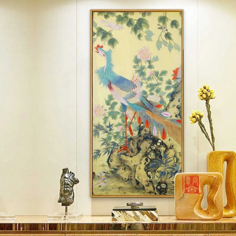 Tranh chim công, chim hạc, sếu đầu đỏ Nhật Bản, chim phượng hoàng và hoa Mẫu đơn