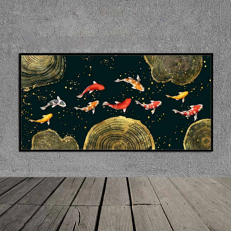 Tranh 9 con cá chép, cử ngư và hoa sen trừu tượng