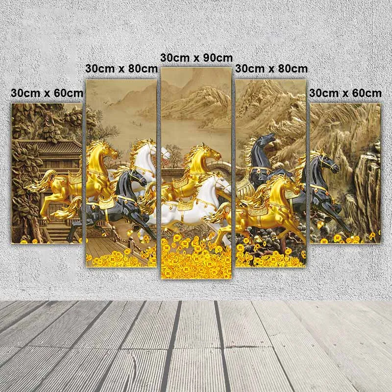 Tranh phong thủy mã đáo thành công, bát mã, 8 con ngựa và những đồng tiền vàng