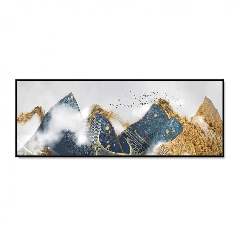 Tranh phong cảnh sương mù đồi núi và đàn chim trừu tượng