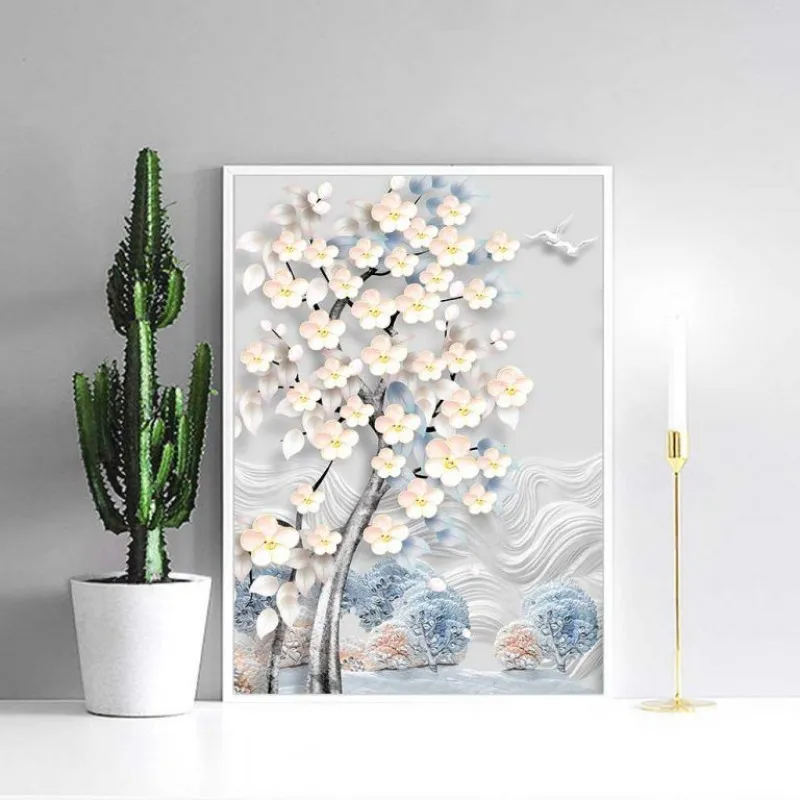 Tranh nai sừng lớn đầy hoa và hai cây hoa trắng