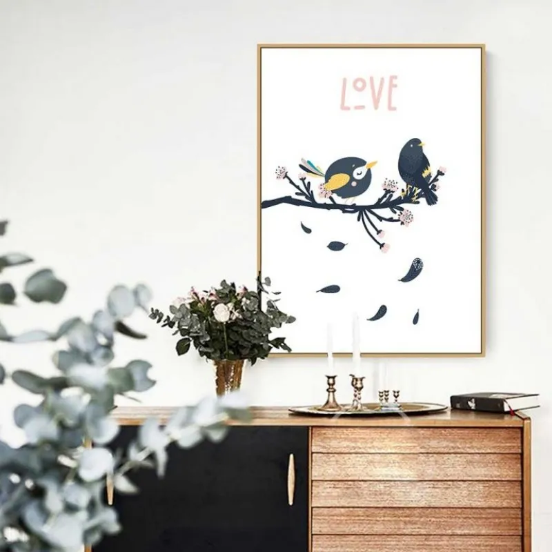 Tranh đàn chim ngộ nghĩnh dễ thương đậu trên cành cây khô