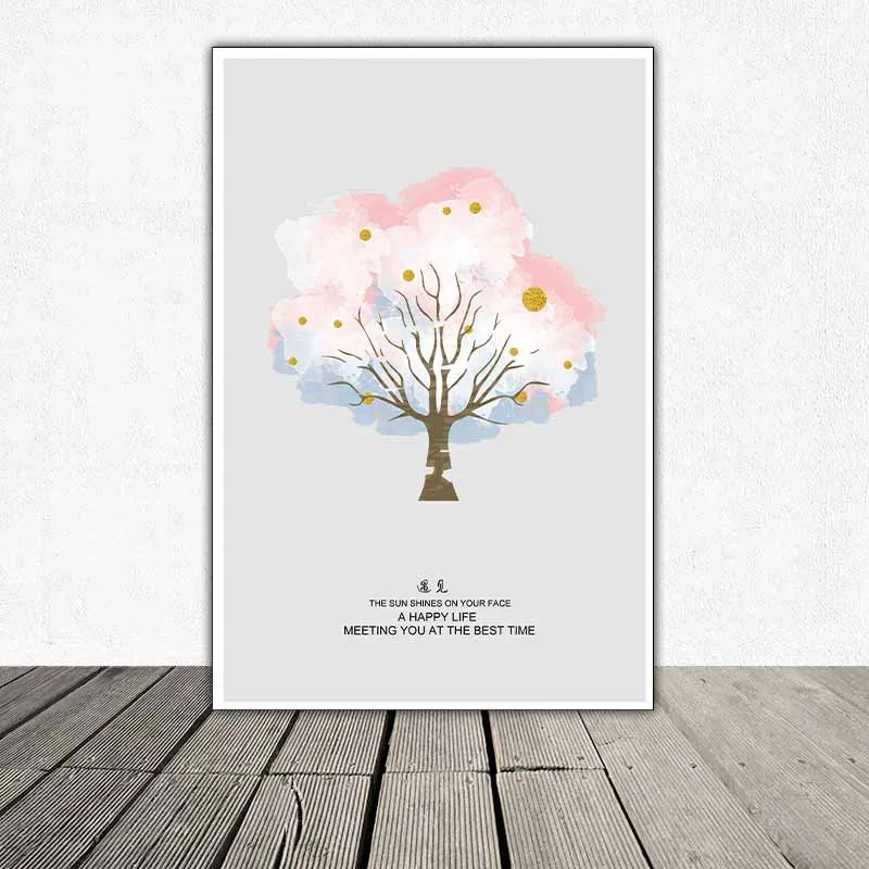 Tranh cây trừu tượng kết hợp chữ The sun shine on your face a happy life meeting you at the best time