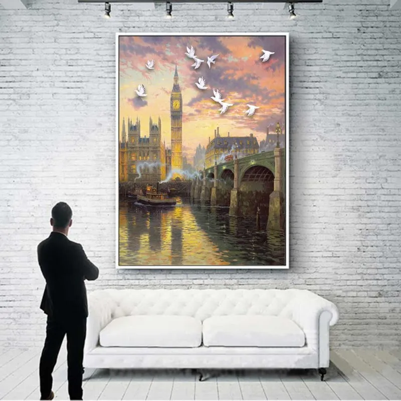 Tranh phong cảnh thành phố biển với cầu London và Tháp Big Ben