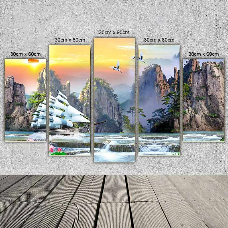 Tranh thuận buồm xuôi gió, phong cảnh thác nước, đồi núi và đàn chim hạc