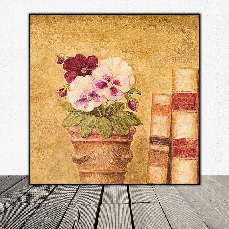 Tranh tĩnh vật bình hoa đặt trên kệ bên cạnh những cuốn sách