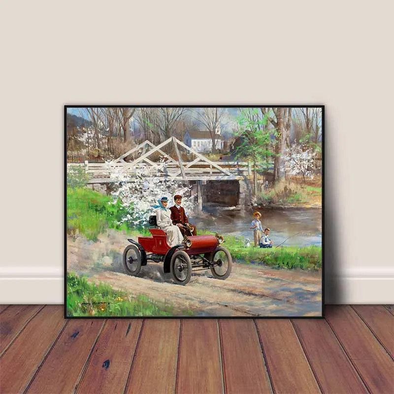 Tranh phong cảnh và những chiếc xe ô tô cổ, xe hơi cổ