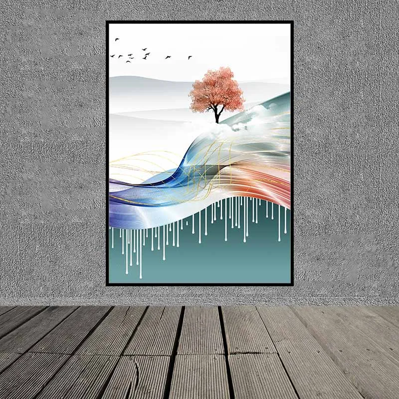 Tranh đàn nai bên cạnh cây lá vàng trên dãy núi trừu tượng