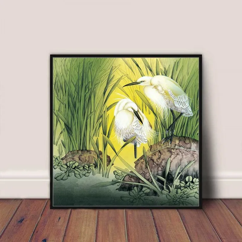 Tranh bầy cò trắng đang rỉa lông trên mỏm đá