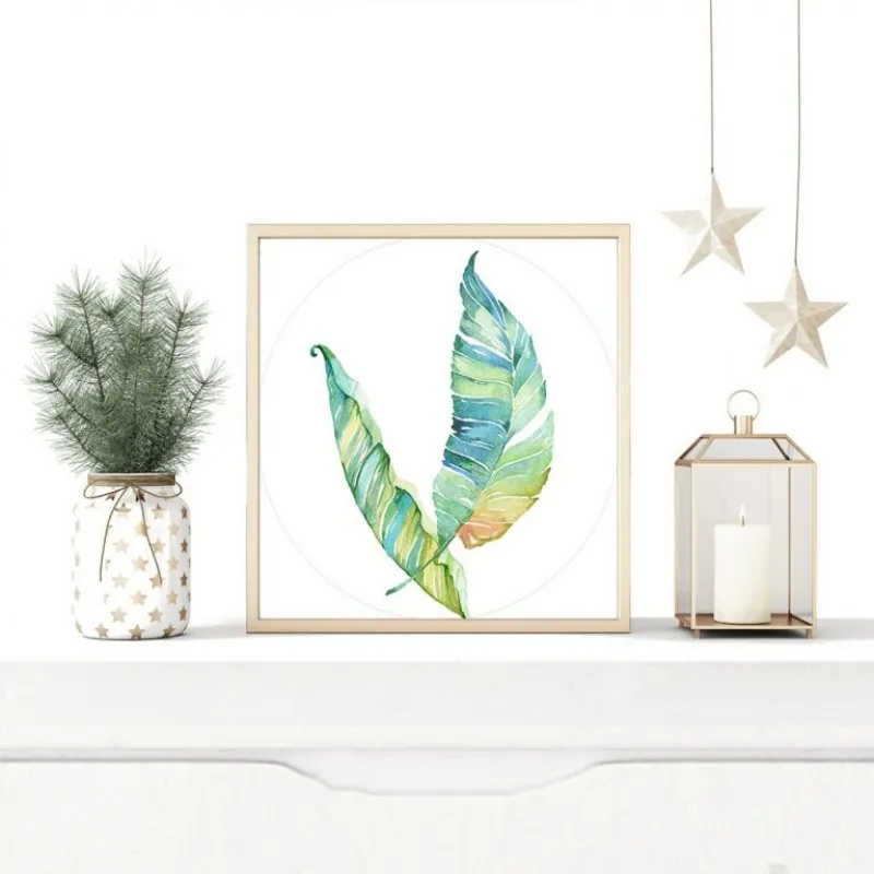 Tranh canvas lá cây màu nước khung vuông