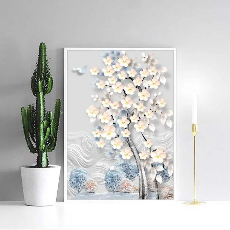 Tranh nai sừng lớn đầy hoa và hai cây hoa trắng