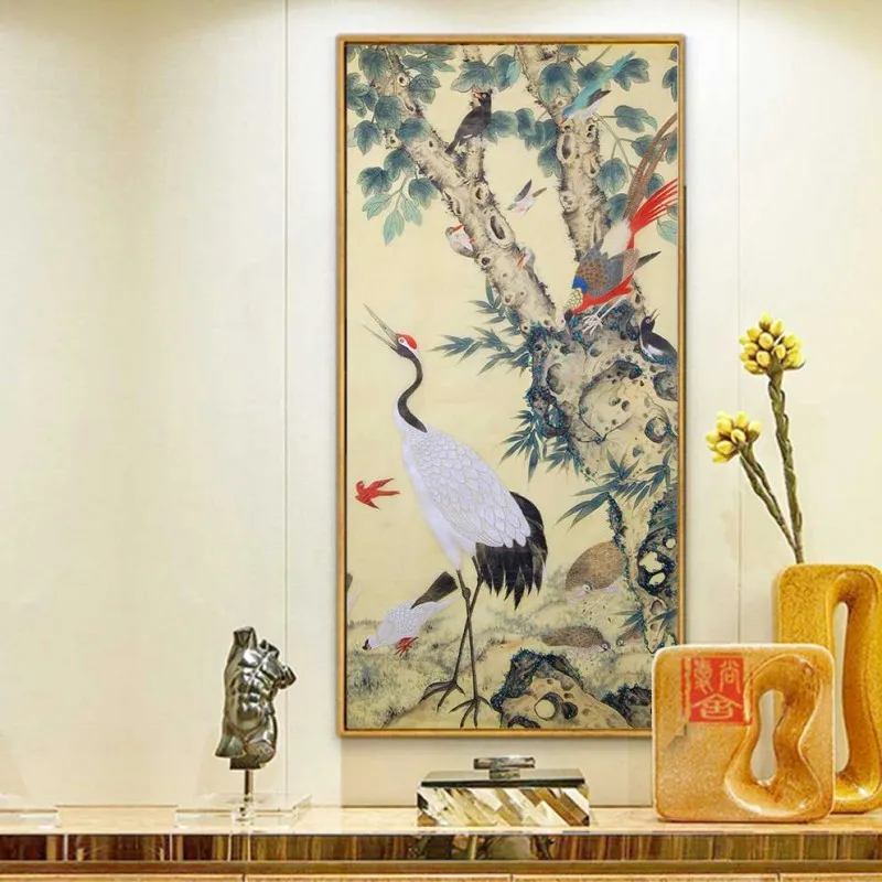 Tranh chim công, chim hạc, sếu đầu đỏ Nhật Bản, chim phượng hoàng và hoa Mẫu đơn