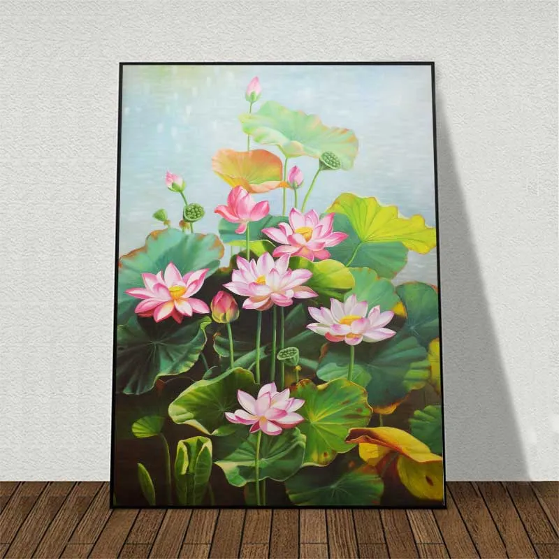 Tranh hoa sen hồng và đài sen