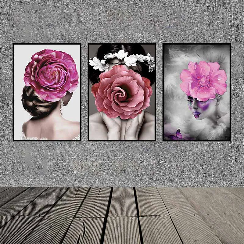 Tranh chân dung cô gái và những bông hoa hồng lớn