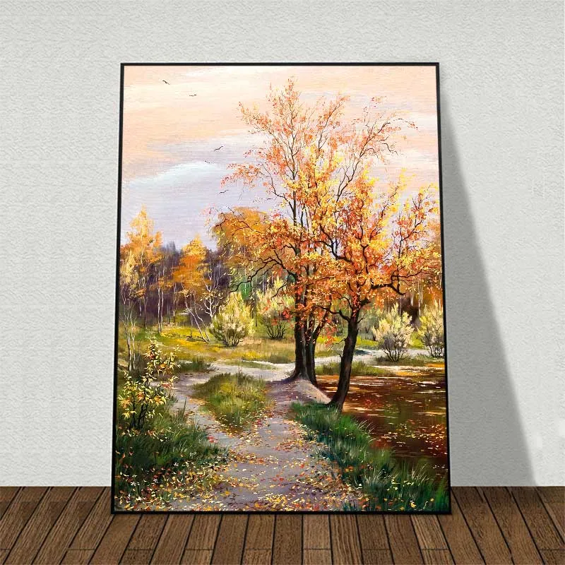 Tranh phong cảnh rừng cây lá vàng mùa thu và con thuyền đậu bên hồ nước