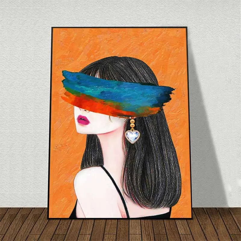 Tranh chân dung cô gái nền cam với vết sơn che ngang mắt