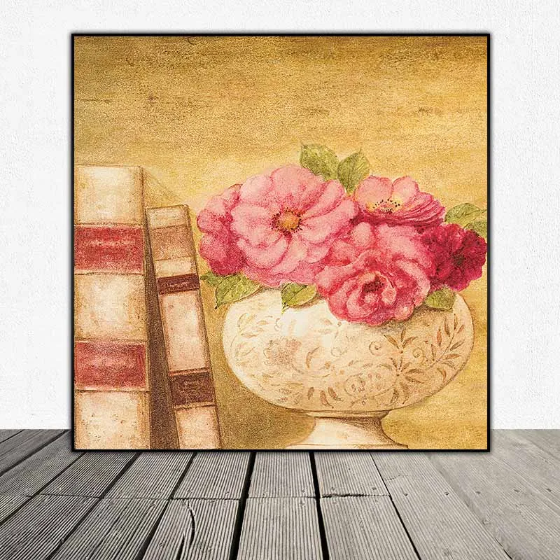 Tranh tĩnh vật bình hoa đặt trên kệ bên cạnh những cuốn sách
