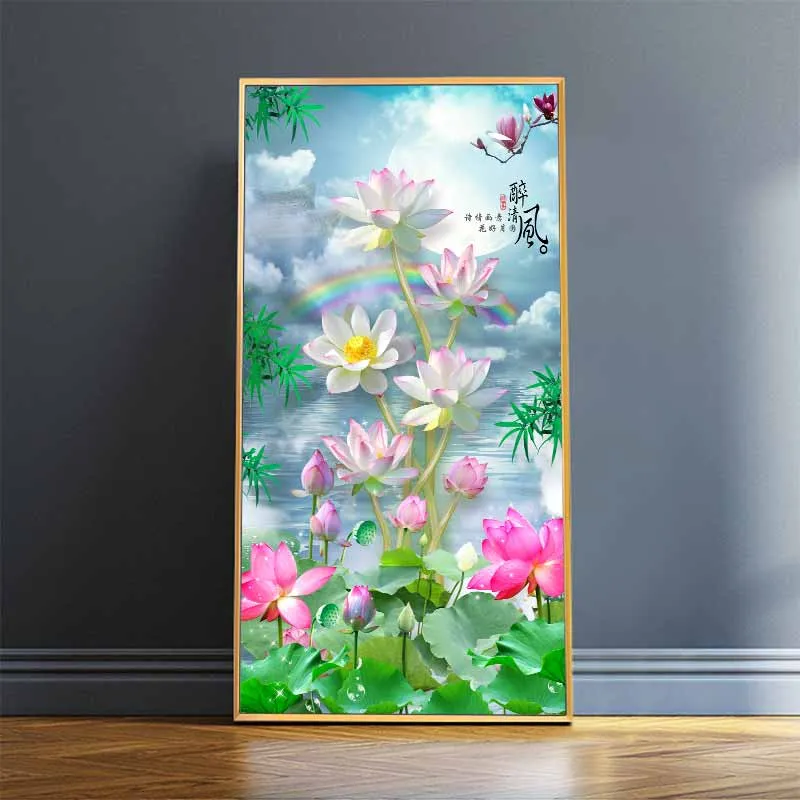 Tranh hồ hoa sen hồng và cầu vồng