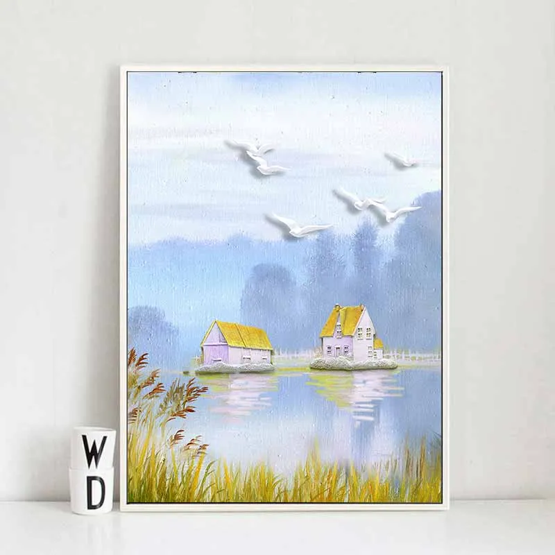 Tranh phong cảnh căn nhà trên mặt hồ