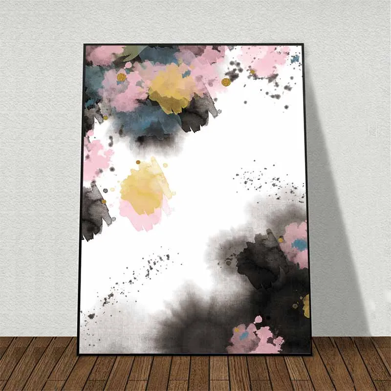 Tranh trừu tượng các vết mực loang màu đen, hồng, vàng xanh