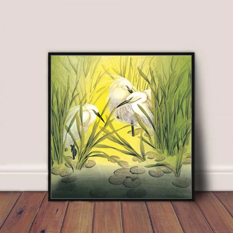 Tranh bầy cò trắng đang rỉa lông trên mỏm đá