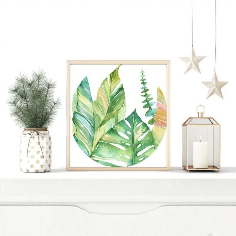 Tranh canvas lá cây màu nước khung vuông