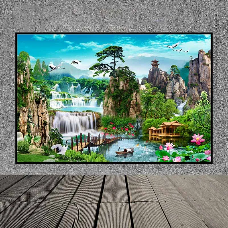 Tranh sơn thủy phong cảnh thác, chim hạc và người chèo thuyền