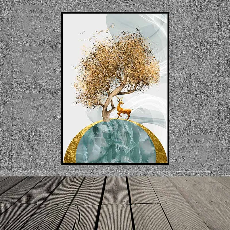 Tranh hươu nai trừu tượng đang ăn dưới gốc cây lá vàng