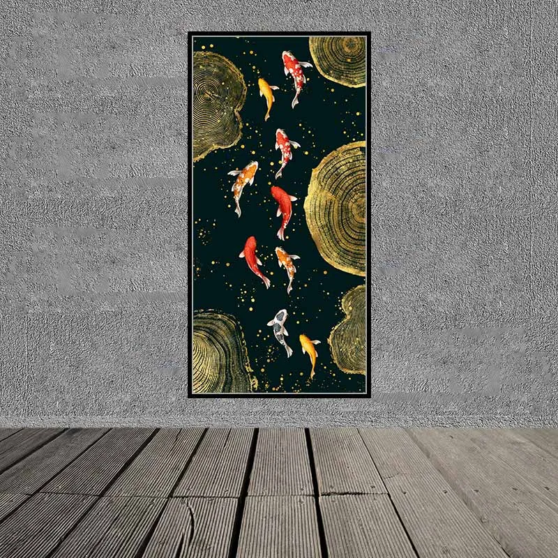 Tranh 9 con cá chép, cử ngư và hoa sen trừu tượng