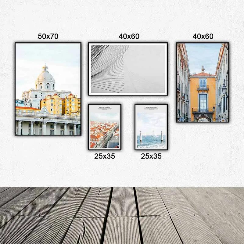 Tranh Scandinavian bộ 5 tấm tranh phong cảnh tòa nhà thành phố, phong cảnh biển