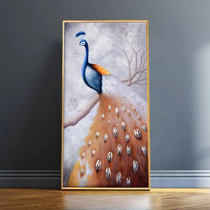 Tranh chim công xanh đuôi nâu đang đứng trên cành cây