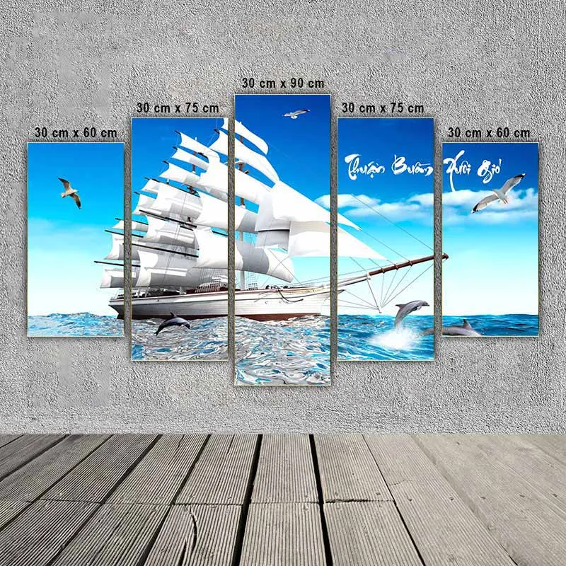 Tranh thuận buồm xuôi gió, thuyền buồm, cá heo và chim hải âu