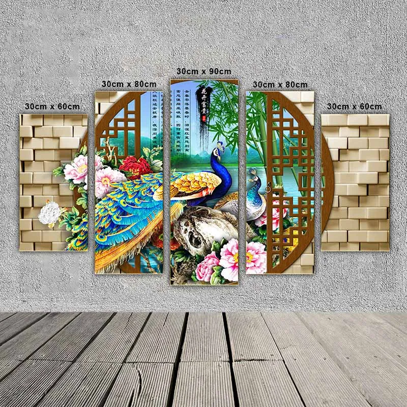 Tranh chim công đứng trên tảng đá và hoa mẫu đơn