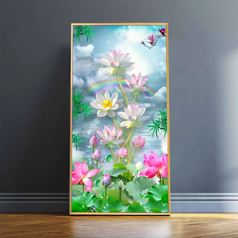 Tranh hồ hoa sen hồng và cầu vồng