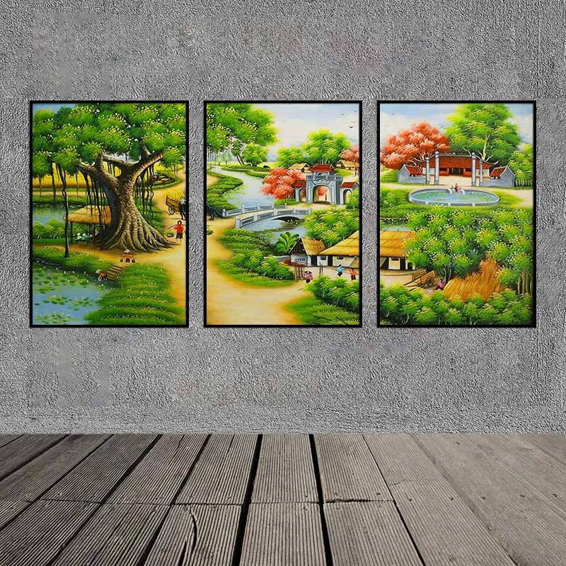 Tranh phong cảnh làng quê, cây đa và dòng sông