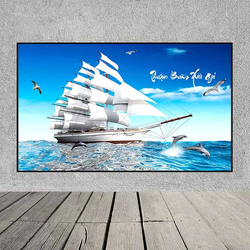 Tranh thuận buồm xuôi gió, thuyền buồm, cá heo và chim hải âu