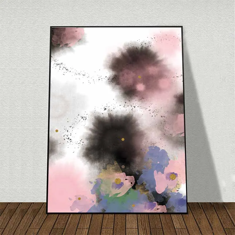 Tranh trừu tượng các vết mực loang màu đen, hồng, vàng xanh