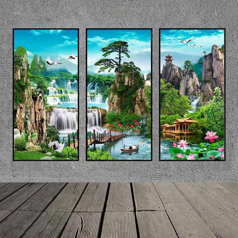 Tranh sơn thủy phong cảnh thác, chim hạc và người chèo thuyền