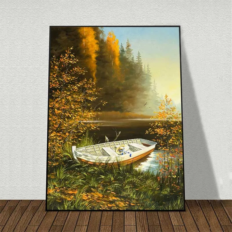 Tranh phong cảnh rừng cây lá vàng mùa thu và con thuyền đậu bên hồ nước