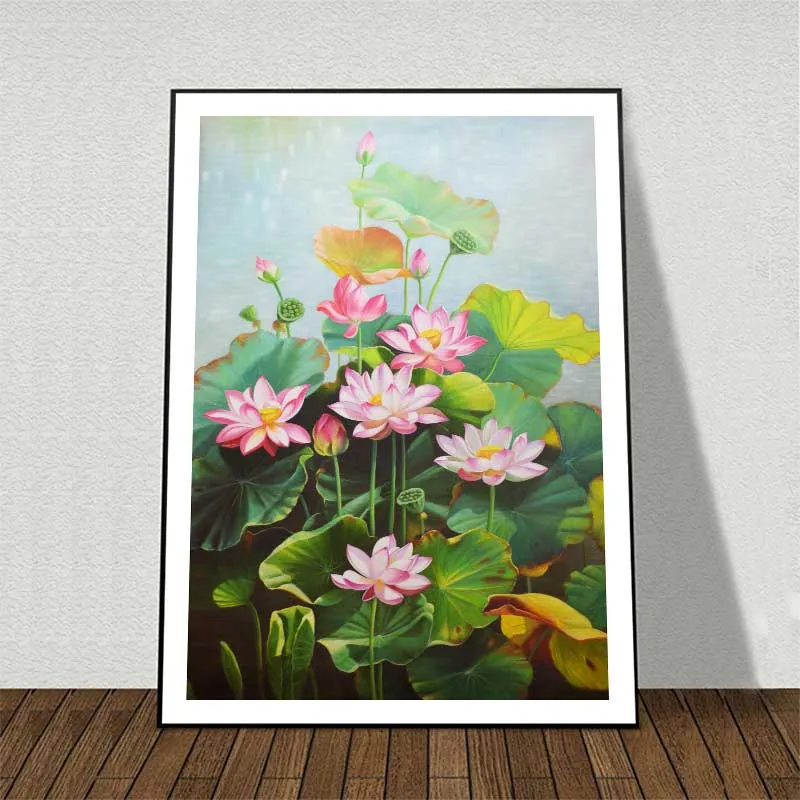 Tranh hoa sen hồng và đài sen